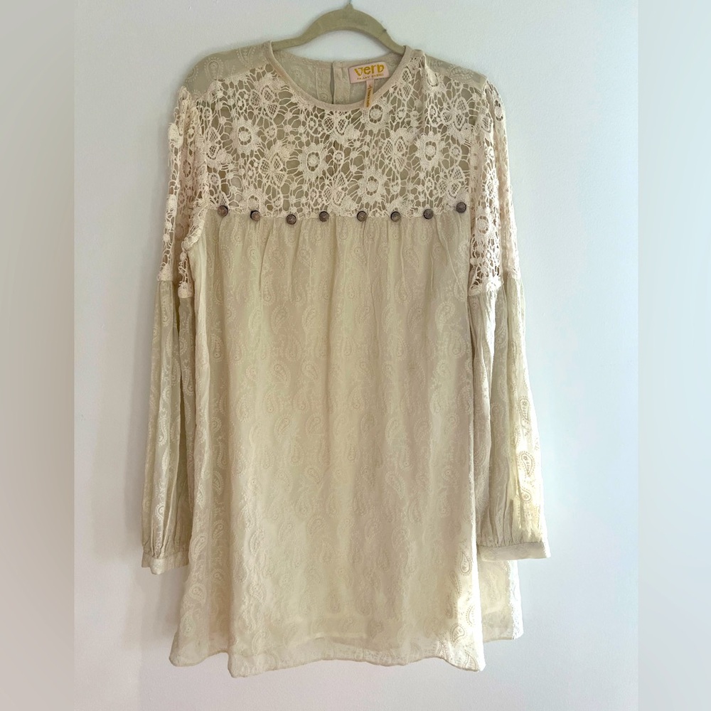 Anthropologie dress by Verb. Large. Ivory with crochet floral/paisley chiffon.